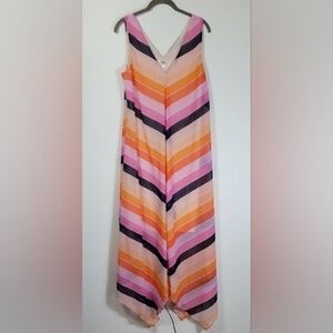 SOHO Apparel Asymmetrical Maxi Dress Size L Sleeveless Flowy Orange Pink Striped
